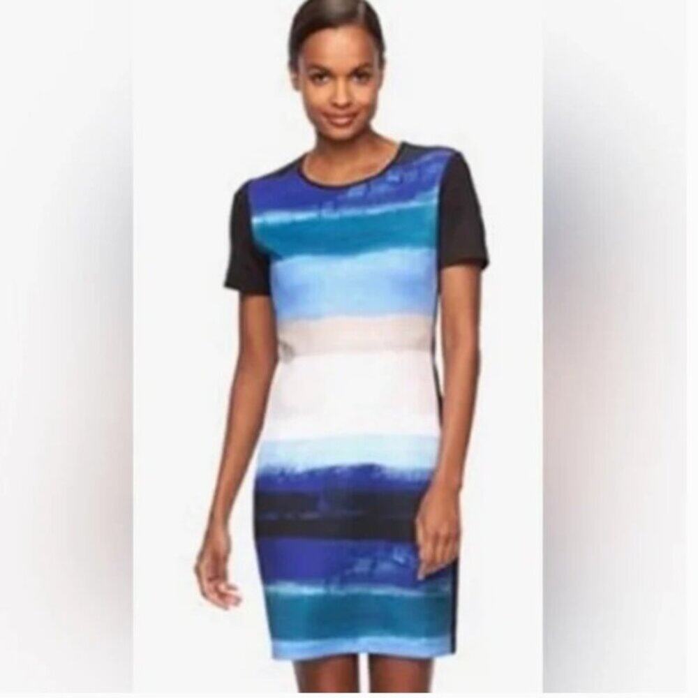 REED Stripe Sky Blue Scuba Dress Stretch Print Artsy Office Party Short Sleeve